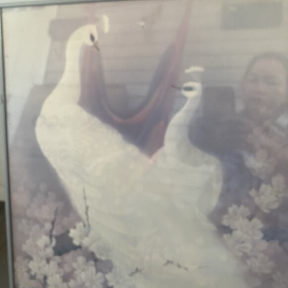 VTG Art Print White Peacock Lovers On Cheery Blossom Tree 16'x20"  Framed Signed - Picture 3 of 6
